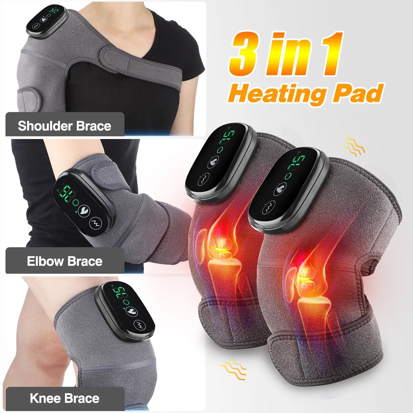 Thermal Knee Massager 3 in 1 Shoulder Knee Elbow Heating Massage Support Brace Rechargeable Vibration Pad Arthritis Pain Relief