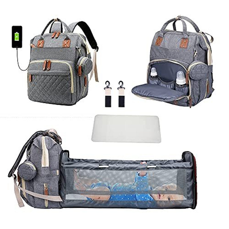 3 in 1 Diaper Bag Backpack Foldable Baby Bed Waterproof Travel Bag with USB Charge Diaper Bag Backpack with Changing Bed 3 Types