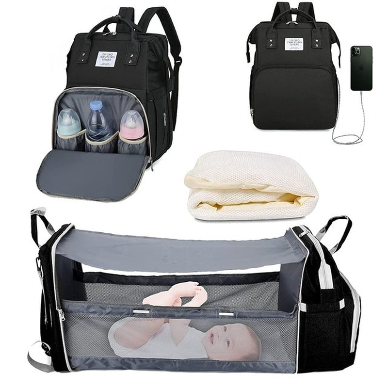 3 in 1 Diaper Bag Backpack Foldable Baby Bed Waterproof Travel Bag with USB Charge Diaper Bag Backpack with Changing Bed 3 Types