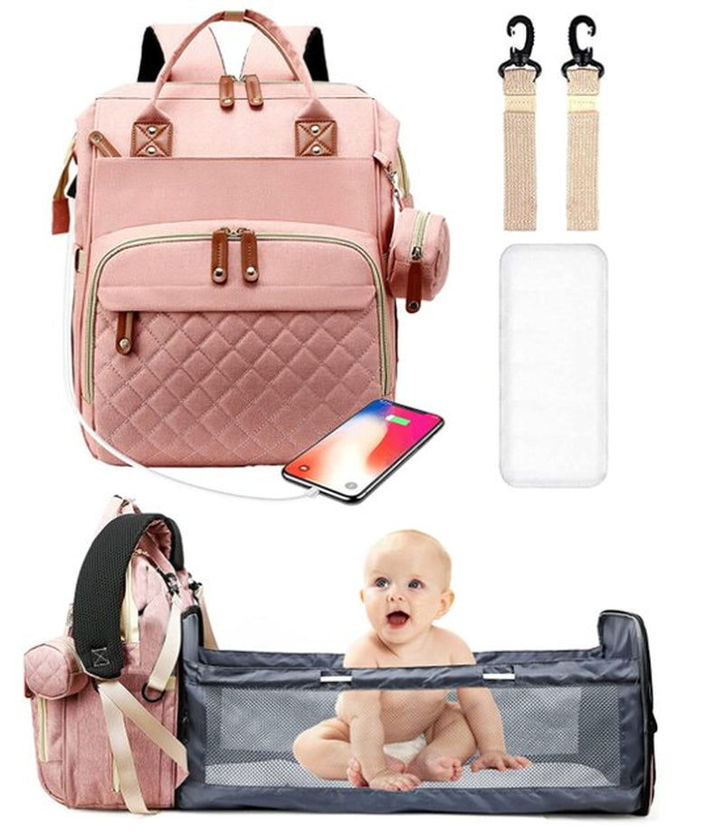 3 in 1 Diaper Bag Backpack Foldable Baby Bed Waterproof Travel Bag with USB Charge Diaper Bag Backpack with Changing Bed 3 Types