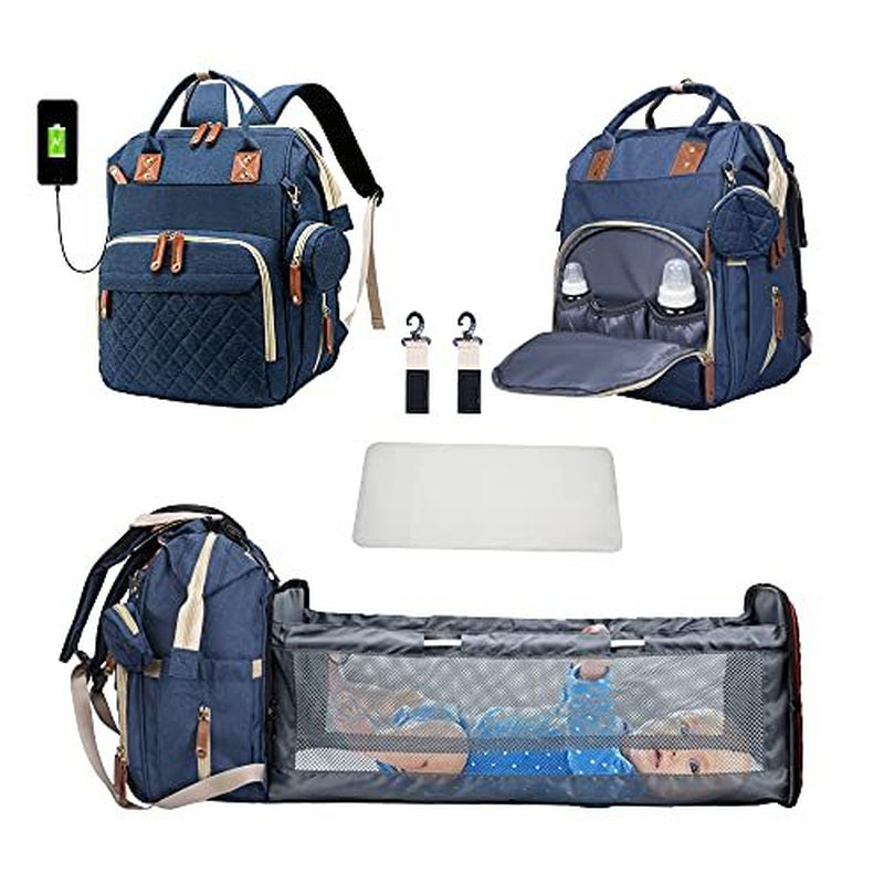 3 in 1 Diaper Bag Backpack Foldable Baby Bed Waterproof Travel Bag with USB Charge Diaper Bag Backpack with Changing Bed 3 Types