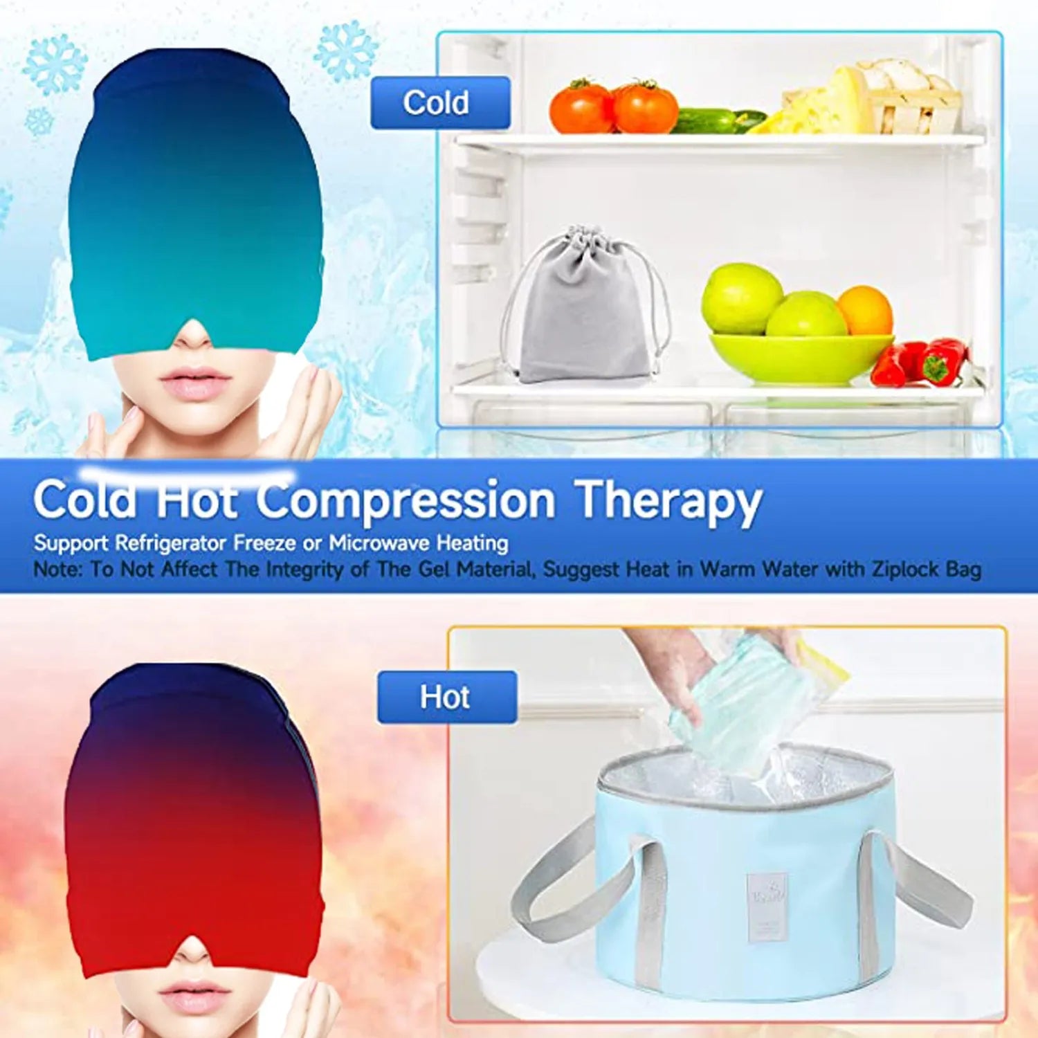 Migraine Relief Hat Headache Hat Gel Hot Cold Therapy Ice Cap for Relieve Pain Ice Hat Eye Mask