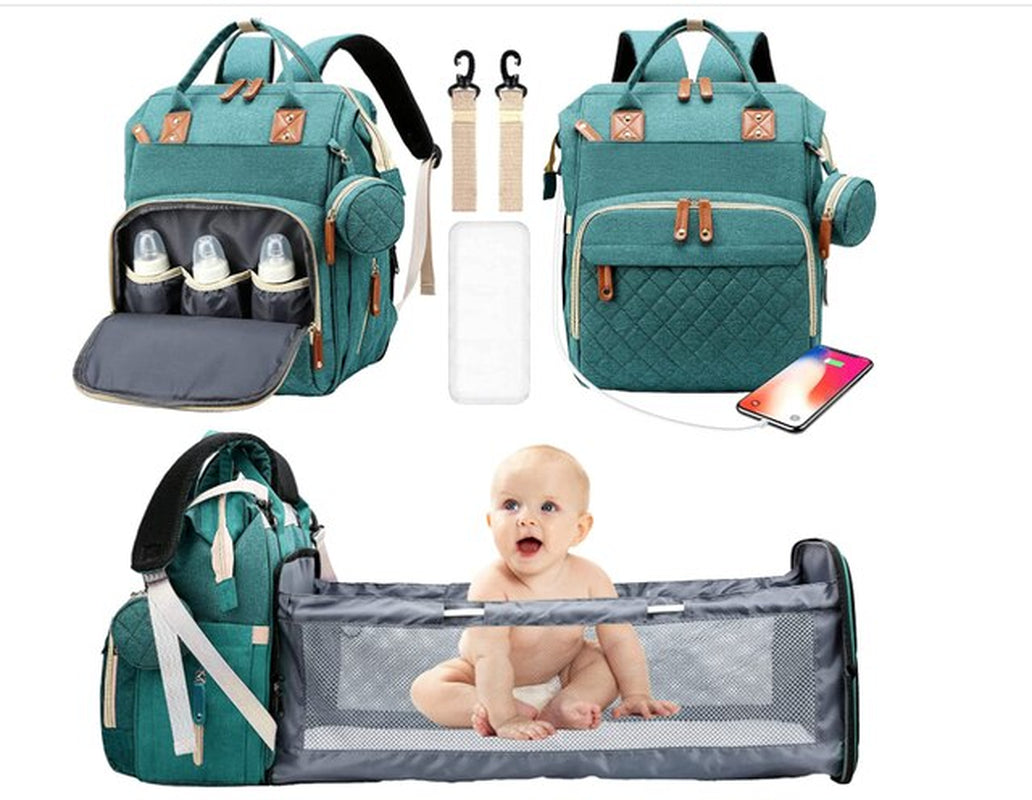 3 in 1 Diaper Bag Backpack Foldable Baby Bed Waterproof Travel Bag with USB Charge Diaper Bag Backpack with Changing Bed 3 Types