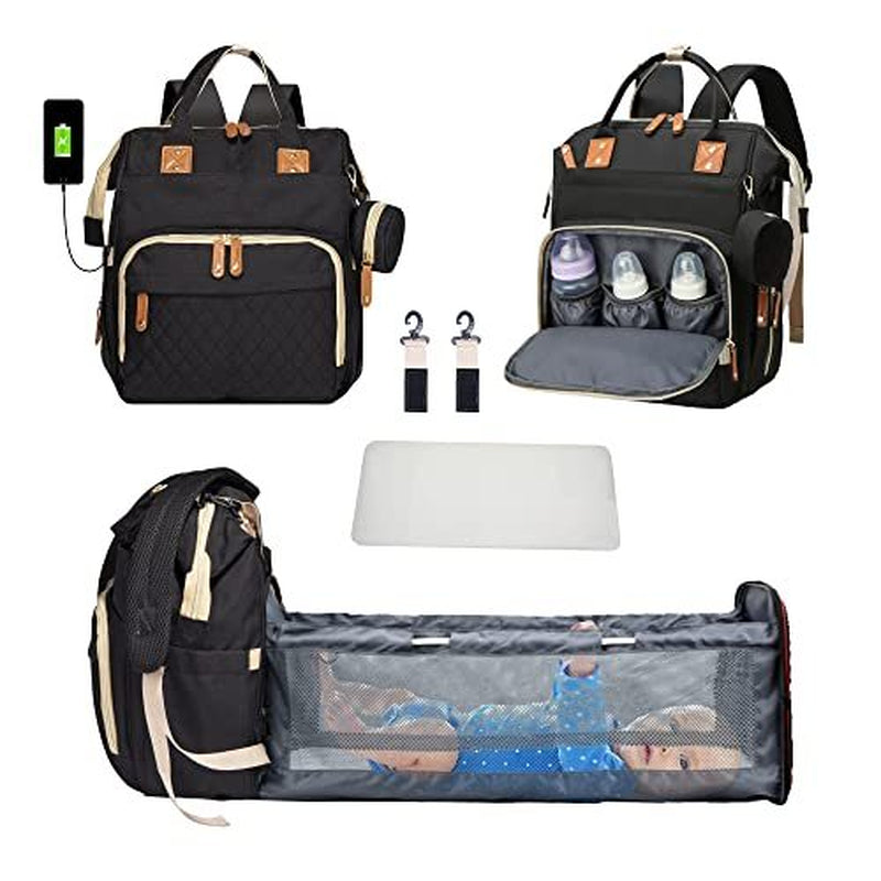 3 in 1 Diaper Bag Backpack Foldable Baby Bed Waterproof Travel Bag with USB Charge Diaper Bag Backpack with Changing Bed 3 Types